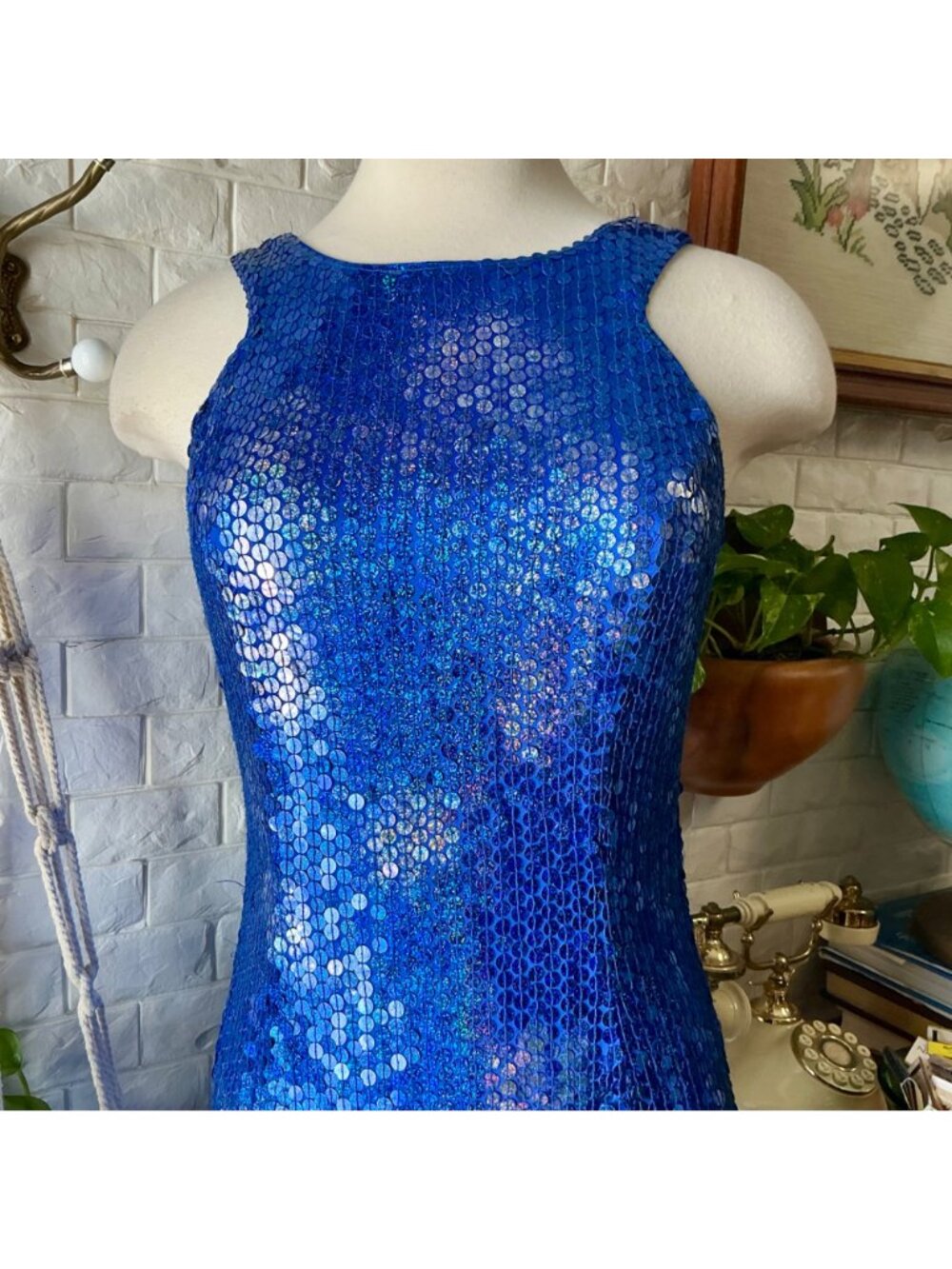 Vintage 1990s Y2K Royal Blue Sequin Halter Dress Gown + Cut-Out Back - Picture 4 of 12